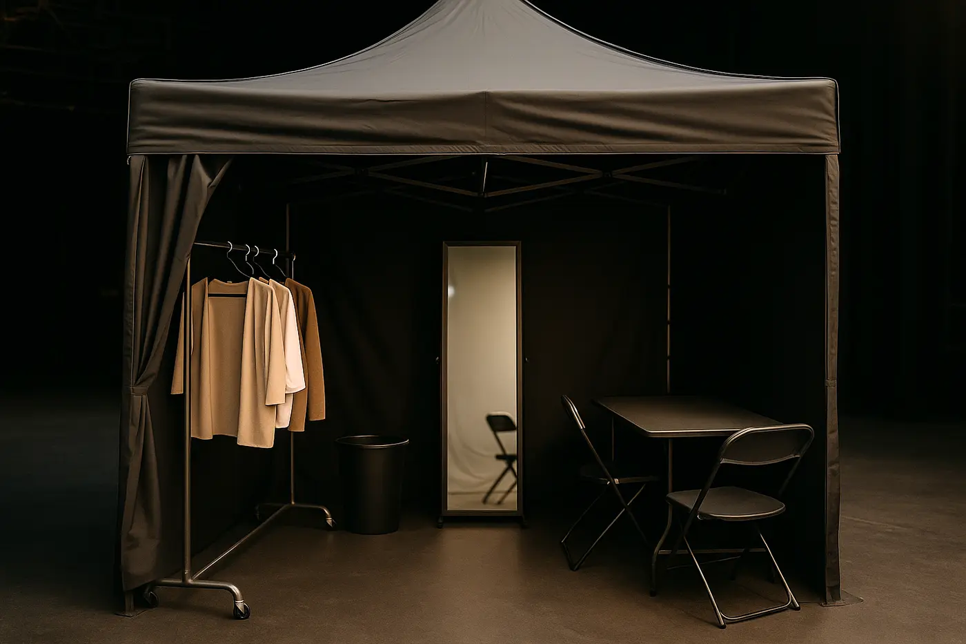 Carpa negra equipada como camerino de cambio rápido